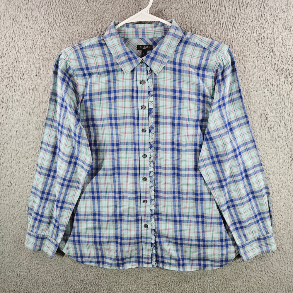 Talbots Petites Blue Aqua Plaid Ruffle Front Cotton Flannel‎ Shirt LP